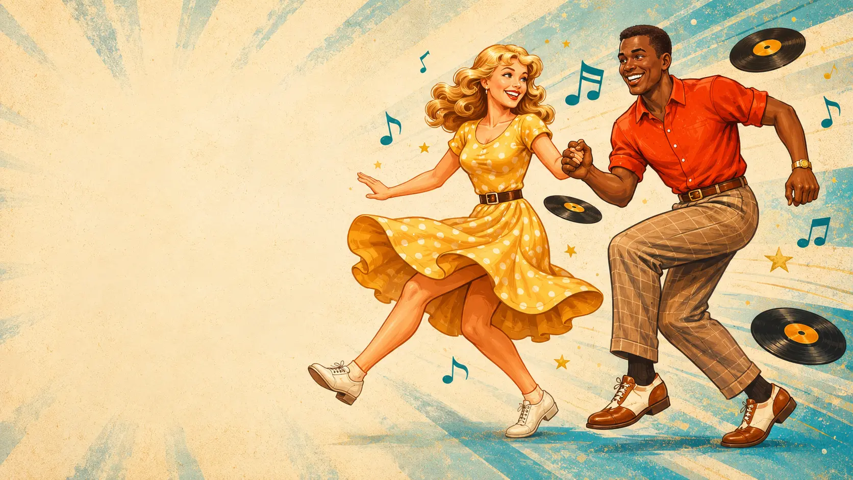 Fröhlich illustriertes Boogie-Woogie-Paar im farbenfrohen Stil der 1950er-Jahre