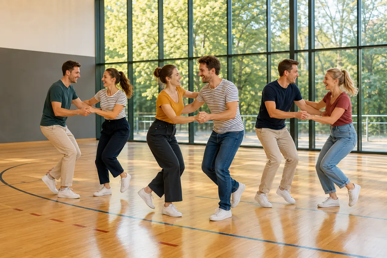 Drei lachende Boogie-Woogie-Paare tanzen gemeinsam vor einer großen Glasfront
