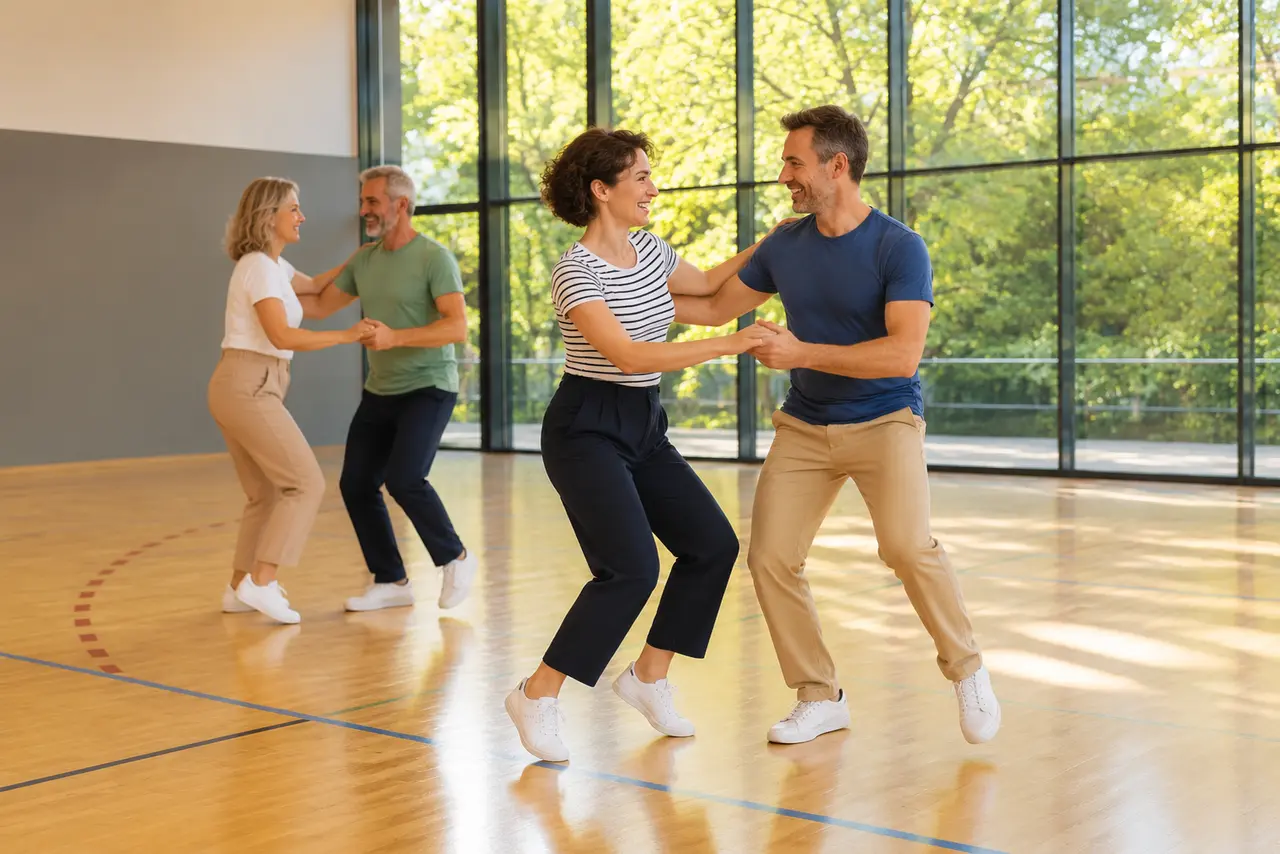 Zwei fröhliche Tanzpaare beim schwungvollen Boogie Woogie in einer hellen Turnhalle