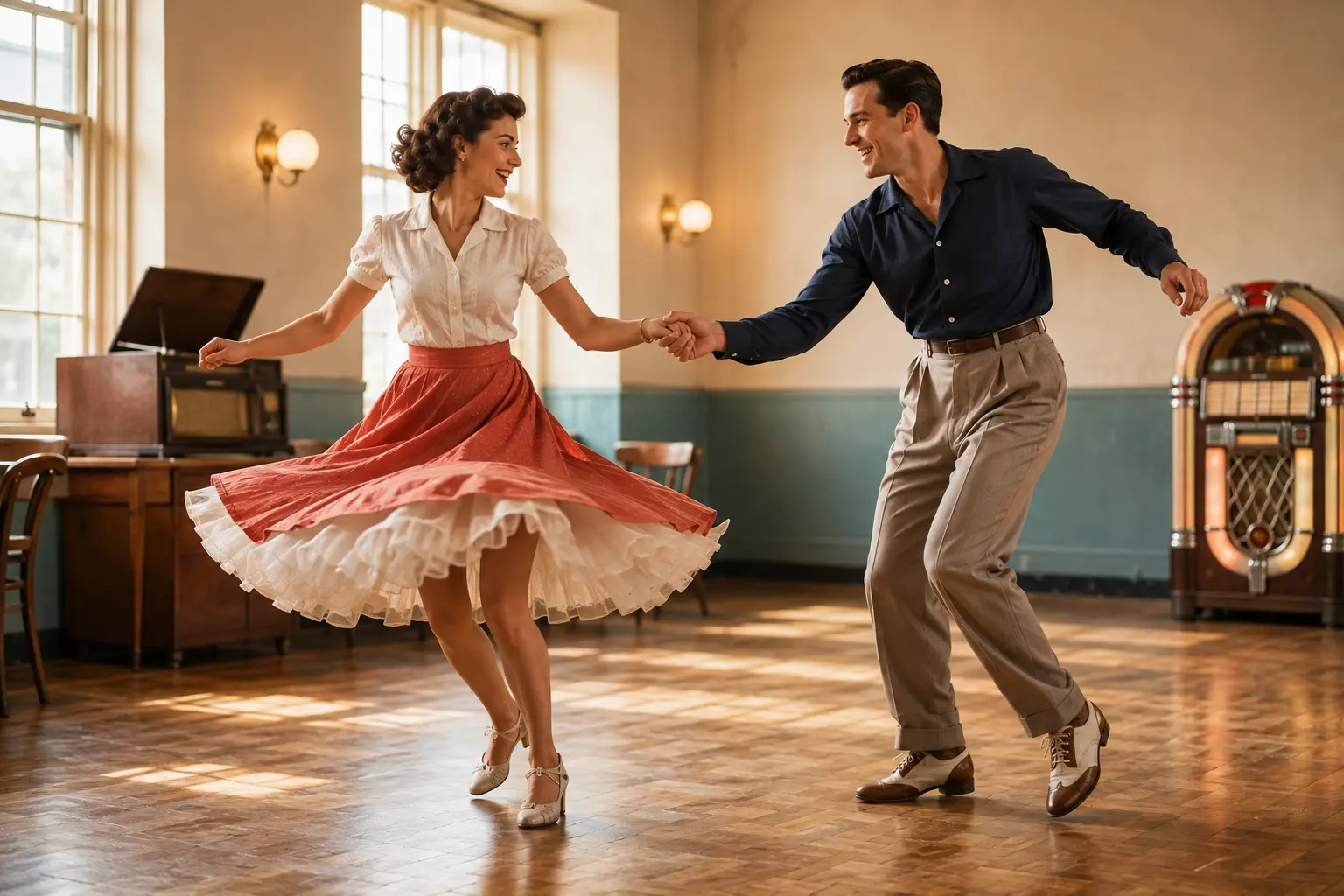 Lachendes Boogie-Woogie-Paar in einem Tanzsaal der 1950er-Jahre mit schwingendem Petticoat und zeittypischer Kleidung